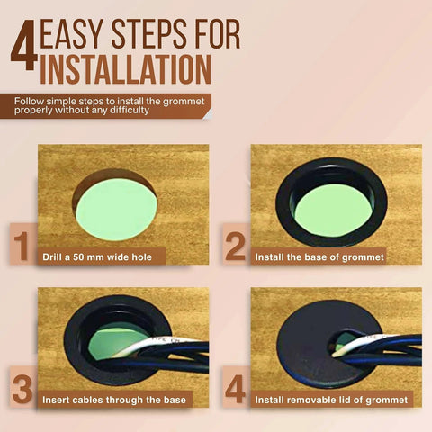 Step-by-step installation guide for Desk Grommet 2 Inch Cable Hole Cover Pack Of 5 Black ABS Plastic Wire Management for desks and tables.