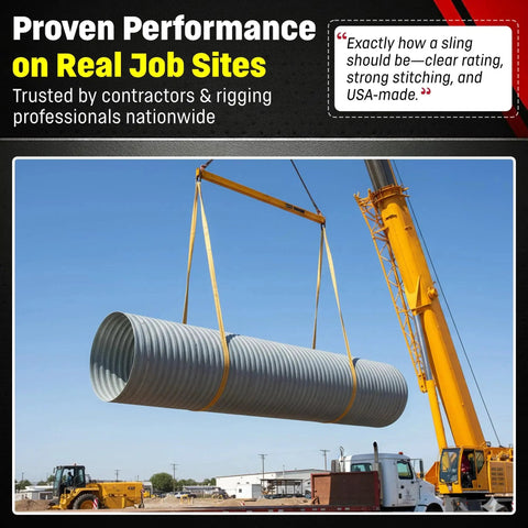 DD Sling 1x4 ft Nylon Endless Lifting Sling in use lifting a large galvanized steel pipe with crane