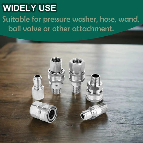 No Fuss Three Eighths Inch Quick Connect Fittings For Pressure Washers, Stainless Steel Adapter Kit displayed on a wooden surface.
