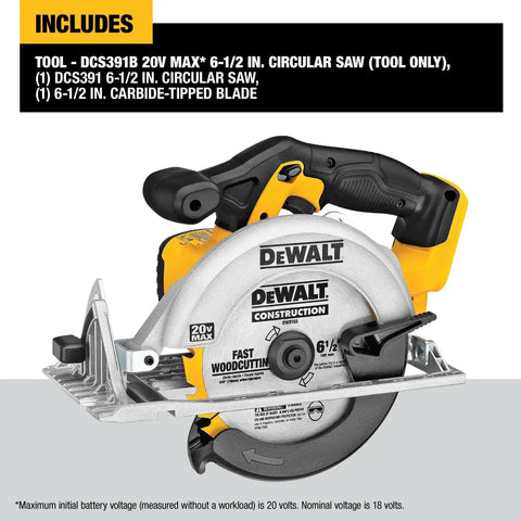 Cordless Sidewinder 20V Max Circular Saw With 6-1/2 Inch Blade, 5150 RPM Power, front view showing rubber overmold grip