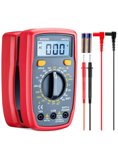 Digital Multimeter 2000 With Backlit LCD Display For Voltage Current Resistance Diode And Continuity Testing Measures AC And DC For Home And Auto Use Blue Ideal For DIYers And Pros front view with red casing and test leads