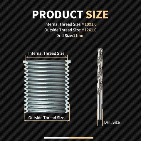 Thread Repair Kit M10X1.0X12.7MM With Stainless Steel Inserts And HSS Drill Tap Counterbore And Installation Driver size details