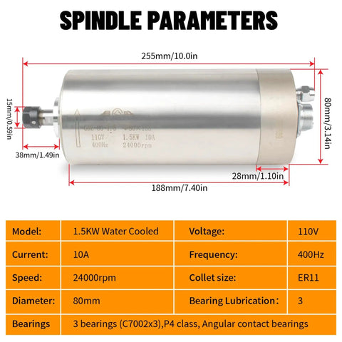 Diagram showing dimensions and specifications of Beefed Up 1.5KW Water Cooled CNC Spindle Kit with 80mm mount, ER11 collets.