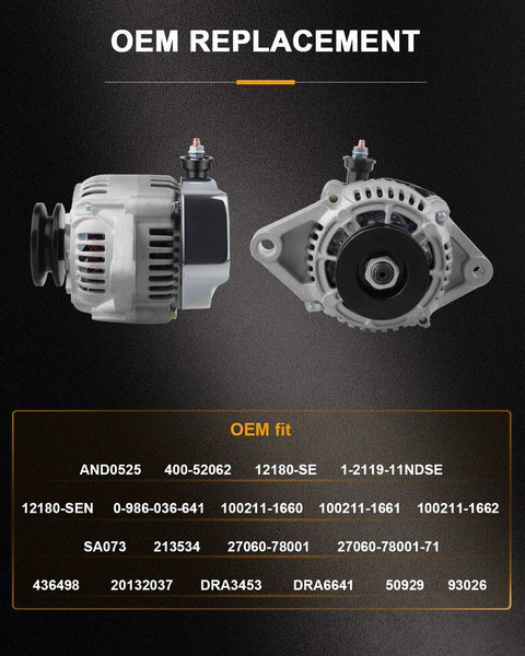 Drop-In Replacement Mini Alternator With Chrome Finish 12180-SEN And 1-2119-11ND for Toyota and Kubota engines, side and front view