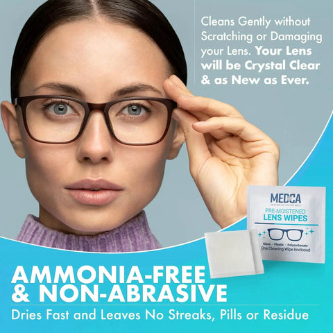 Woman holding glasses with Premoistened Lens Cleaning Wipes for Glasses, Pack of 100, Streak Free in corner