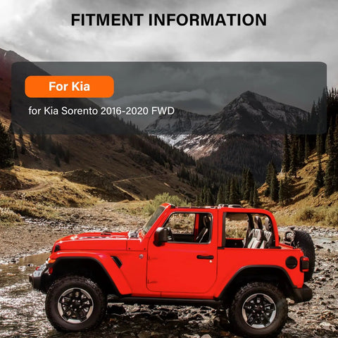 Red SUV parked outdoors with Fitment Information for Kia Sorento 2016-2020 FWD displayed on image