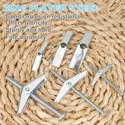 Hollow Wall Anchors Set 26 Pieces Three Sizes For Drywall Includes Twelve One Eighth Inch Eight Three Sixteenth Inch And Six One Quarter Inch Heavy Duty Butterfly Anchors With Screws Toggle Bolts Wing Nut Kit Metal Drywall Anchors And Screws on woven background