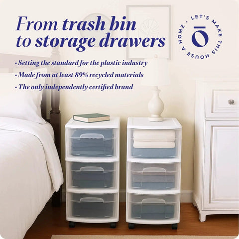 Three Tier Rolling Storage Cart With Removable Wheels In White Frame, Clear Bin Drawers next to bed