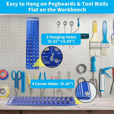 Wall Mounted Nut And Bolt Thread Checker Board With 31 SAE And Metric Sizes on a pegboard with tools for size identification