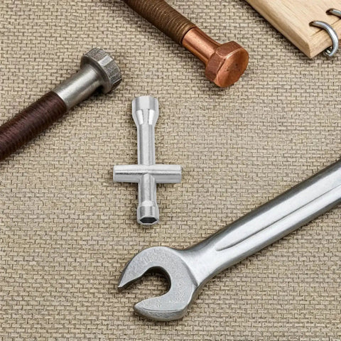 Pocket Sized Cross Socket Wrench For RC Models And Robot Repairs Tiny Nut Tool With Precision Fit shown with bolts and wrench
