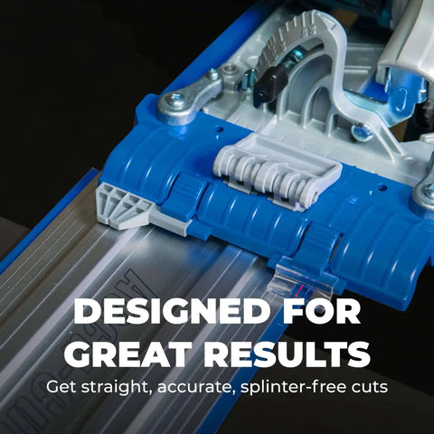 Close-up of the Accu Cut Circular Saw Track System by Kreg showing edge-guided precision track sled for accurate cuts.