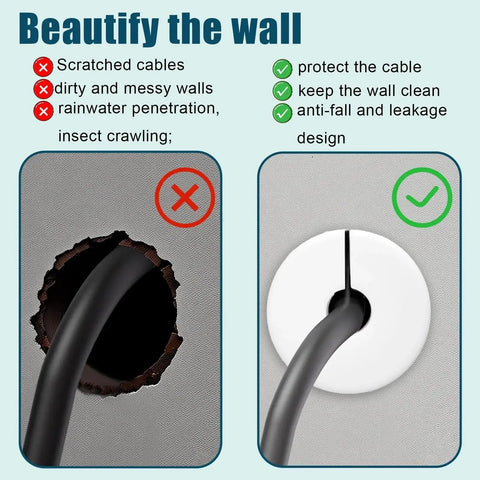 Comparison of wall cable openings with and without Set Of Four White Three Quarter Inch Cable Grommets For Wall Hole Pass Throughs