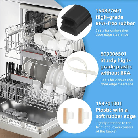 Front view: Dishwasher door seal kit with BPA-free rubber gasket; includes splash shield and plastic edge pieces.
