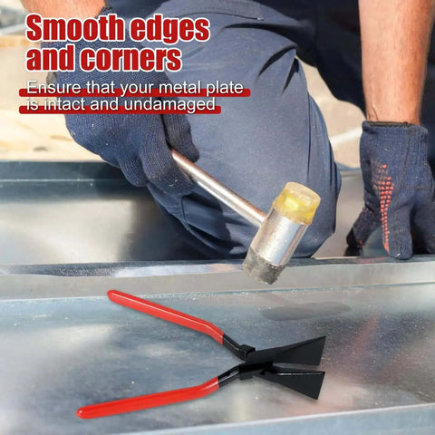 Hands On Sheet Metal Bender Set 2.4 Inch Hand Seamer Pliers with red handles next to a rubber mallet on sheet metal surface