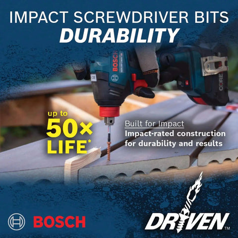 Driven 2 Inch Impact Slotted Bits Set With Precision Milled Tips And Torsion Zone For 50 Times Longer Life Bosch 2 Piece Power Bits Sizes Eight To Ten being used on a wooden surface with Bosch impact driver.