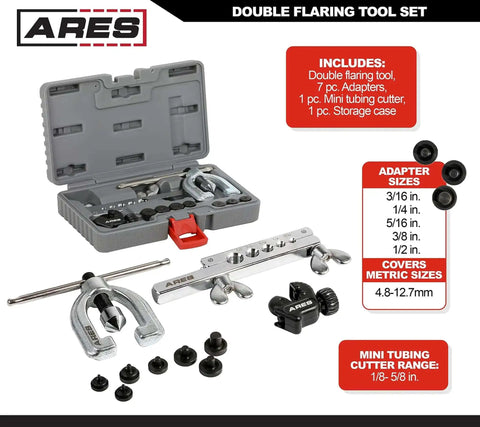 Heavy Duty Double Flaring Tool Set With Extra Adapters For Copper Aluminum Soft Steel Brake Lines And Brass Tubing Comes With Mini Tubing Cutter And Case Quarter Inch Five Sixteenths Inch Half Inch Three Sixteenths Inch And Three Eighths Inch Adapters displayed with open case and tools.