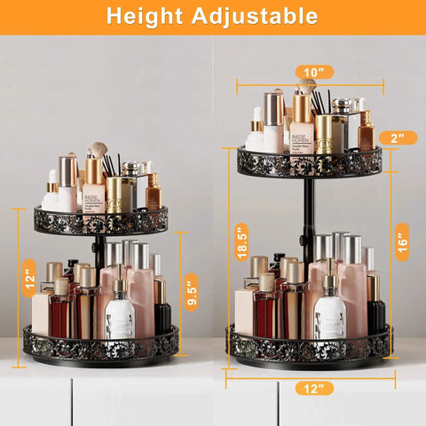 Height Adjustable Two Tier Lazy Susan Turntable For Cabinet And Countertop, 12 Inch Metal Spice Rack Organizer Rotating Shelf in Black