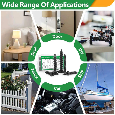 260 Pcs Sheet Metal Screws Assortment Kit shown with diverse applications like furniture, DIY, and outdoor projects