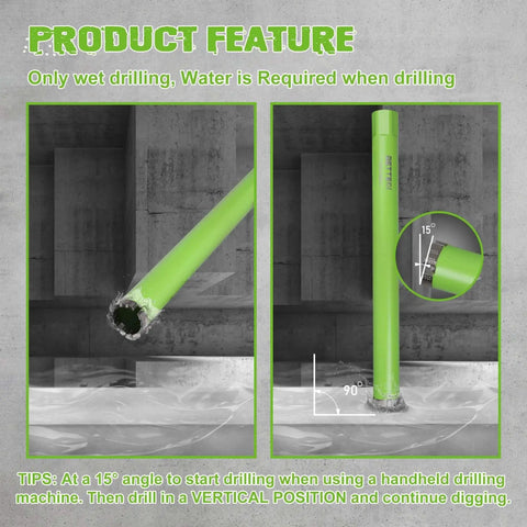 Pro Grade One Point Five Inch Wet Diamond Core Bit For Reinforced Concrete And Rebar Fourteen Inch Drilling Depth Laser Welded Turbo Segments Five Eighth Inch Eleven Threaded Shank Built For Brick Block And Hard Masonry Drilling green core bit in use for wet drilling at 15-degree angle instruction