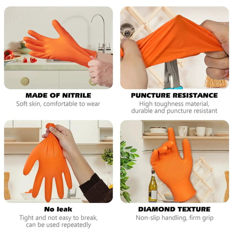 Collage showing features of Industrial Nitrile Gloves Heavy Duty Diamond Textured Orange XL 100 Count with focus on texture and use.