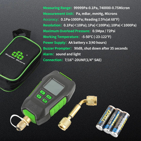 Super Stars digital micron vacuum gauge for HVAC, 1/4 inch SAE, green/black housing with LCD, carrying case included.