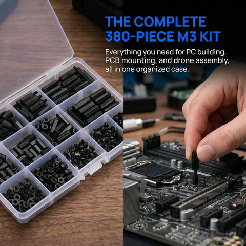 Go-To M3 Nylon Standoff Kit With 380 Pieces for PCB mounting next to a hand installing components on a motherboard.