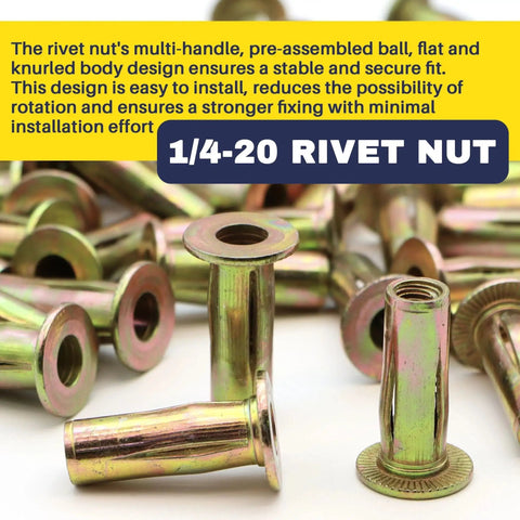 Close-up of 50 Pack 1/4-20 Multi-Grip Rivet Nuts Zinc Plated Steel Construction With Pre-Bulbed Shank Flat Head Threaded Insert Nut For Automobiles And Household Projects Terixe