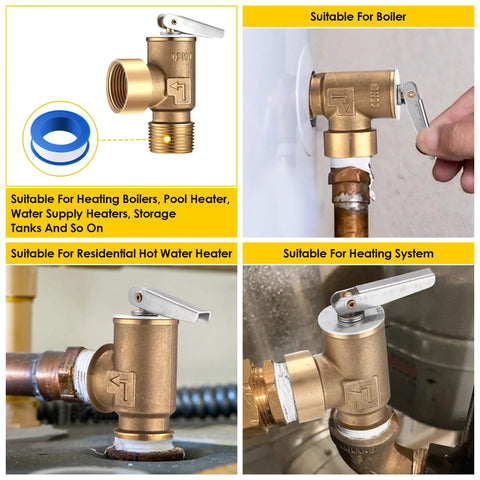 Gulfmew brass 30 PSI pressure relief valve with 3/4 NPT thread and lever, shown with PTFE tape