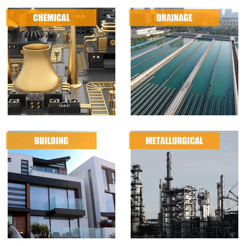 Collage of industrial sectors: chemical plant machinery, drainage systems, modern buildings, and metallurgical structures.