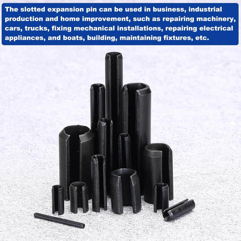 Slotted Split Roll Pins Pack Of 120, 3 Mm Diameter By 35 Mm Length, 65Mn Steel Heavy Duty Expansion Dowels, black, displayed on surface