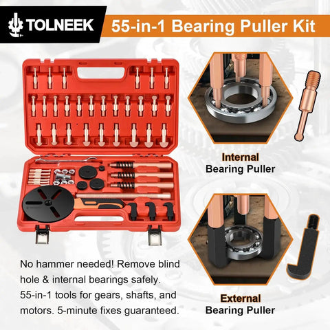55-in-1 bearing puller kit in red case, includes tools for internal and external bearing removal