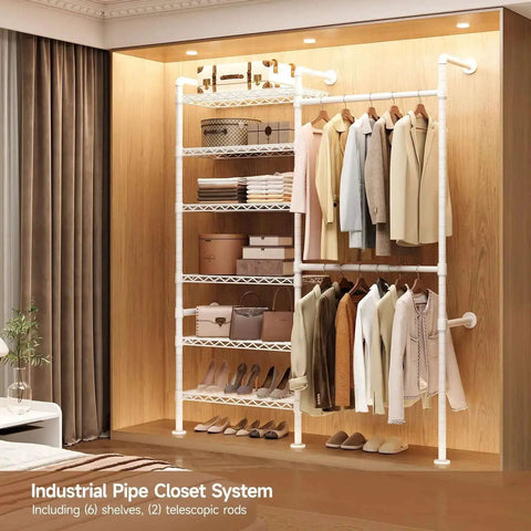 Wall Mounted Garment Rack and Closet System With Two Expandable Rods Six Adjustable Shelves Industrial Pipe Style Metal Shelving in White Heavy Duty Walk In Closet Organizer Easy Install Durable Clothes Storage Solution in a modern bedroom.