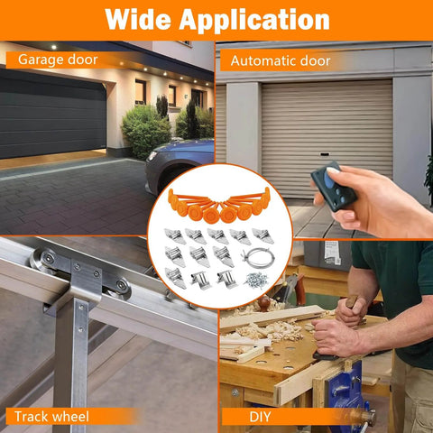 Quiet Nylon Garage Door Roller Kit with hinge top bracket, wire rope, and 2-inch roller stem for 7-foot doors in various settings.