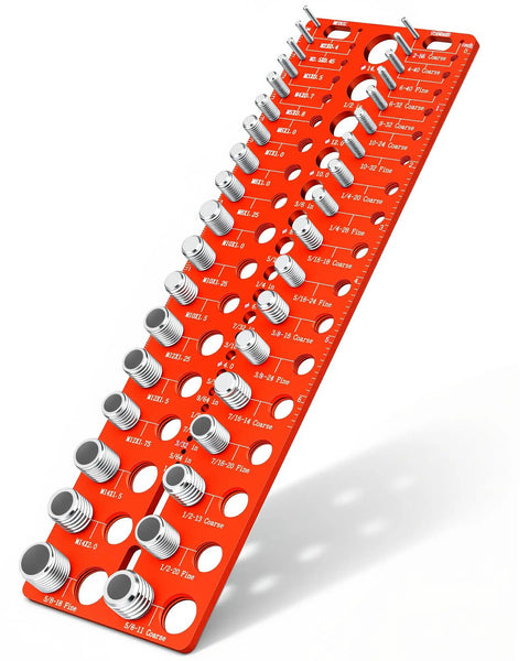 Pro Grade Thread Checker For Bolts And Nuts Identifies 30 SAE And Metric Sizes Includes 19 Standard And 17 Metric Drill Bit Gauges Quick Bolt Size Finder For M2x0.4 To M14x2.0 mounted on a white background showing the threaded gauges clearly.