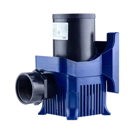 Blue submersible pond pump with black motor housing and side threaded discharge.