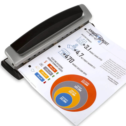 Office Workhorse 3 Hole Paper Punch With Adjustable 2 To 3 Hole Settings 10 Sheet Capacity Heavy Duty Metal Puncher in use on paper