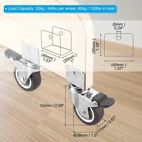 1.5 Inch Swivel Caster Wheels With 1 Inch U Bracket Four Pack Mute Casters With Brake For Cabinets Furniture And Tables Total Load 132 Lbs 60 Kg TPR Wheel And Mounting Hardware Included, installed on furniture.