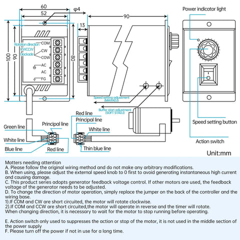 Wiring diagram for Heavy Duty 120W 110V AC Worm Gear Motor with Speed Governor Controller NMRV30 showing connections and components.