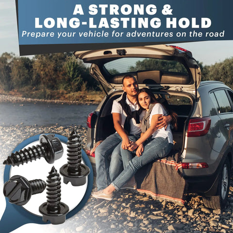 Rustproof License Plate Screws For US Domestic Rides Stainless Steel Bolts Black Slotted 4 Pack, displayed with couple near vehicle.