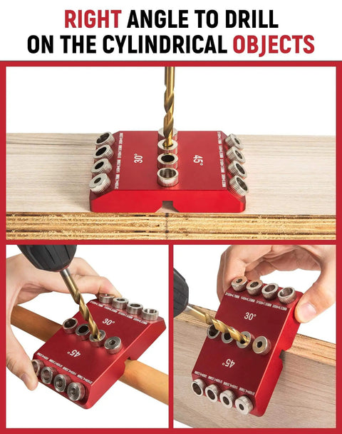 Pro Grade 30 Degree 45 Degree 90 Degree Angle Drill Guide Jig for hand drills, showing drilling into wood and cylindrical objects.