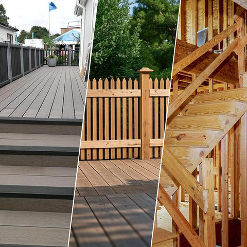 Composite deck, wooden fence, and unfinished staircase showcasing applications of a 50 Pc Deck Screws Set, 5 Inch #10.