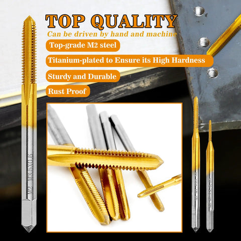 Six Piece Metric Tap Set With Wrench Pro Grade Quality For Metal Aluminum Plastic Wood Includes M2x0.4 M2.5x0.45 M3x0.5 M4x0.7 M5x0.8 M6x1.0 HSS Titanium Plated For Tough Durability In A Handy Storage Box displayed with focus on titanium-plated taps.