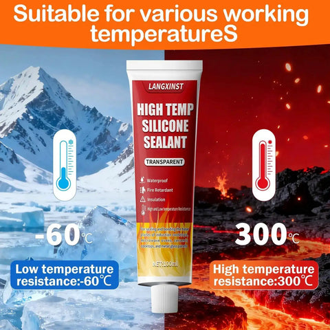 Extreme Heat Silicone Sealant For Grills And Ovens, Waterproof And Insulating Adhesive With High Arc Resistance, Withstands Minus 50 To 250 Celsius, Transparent 100Ml, Great For Microwave Ovens And Kitchen Repairs package showing temperature range.