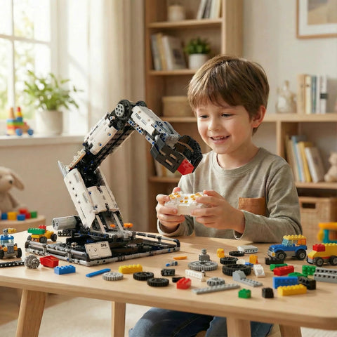 STEM remote-control robotic arm building kit on tabletop; white and black modular arm, child using a controller.