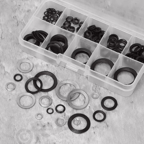 Lock washer set in plastic organizer; 160 pcs, 9 sizes, 304 stainless steel toothed washers, black finish.