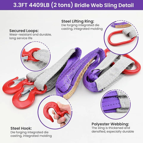 Two-piece Vigtayue lifting slings with hooks; purple and gray polyester webbing, 3.3 ft, 4,409 lb capacity