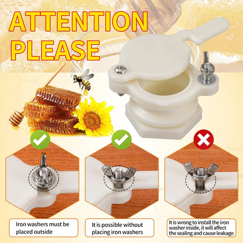 HunterBee honey gate valve for 5-gallon bucket, white plastic, front view, 3/5 pack beekeeping tap
