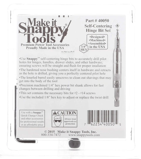 Packaging of Five Piece Self Centering Hinge High Speed Steel Drill Bit Set For Cabinets DIY Ready With Bit Sizes Five Sixty Fourths Through Thirteen Sixty Fourths Inch Plus One Eighth Inch Hex Key Made In USA Snappy.
