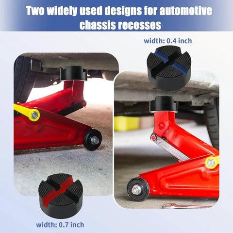 Universal Pinch Weld Jack Pad Adapter For Floor Jacks Upgraded Rubber Pad With X Slot Design Frame Rail Protective Pad installed on red floor jack