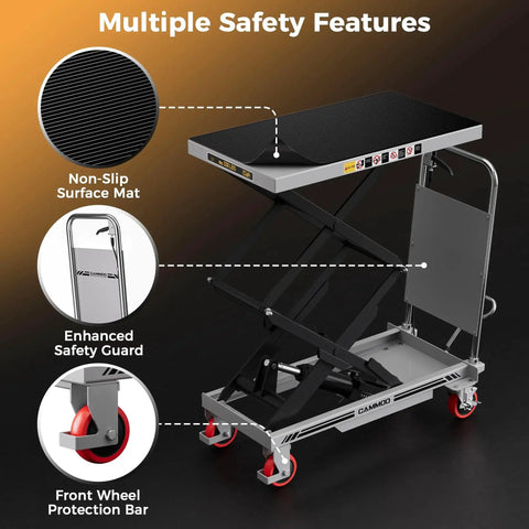 Hydraulic Lift Table Cart 330 Lbs Capacity 49.6 Inch Lift With Non Slip Pad, showing safety features and non-slip mat.
